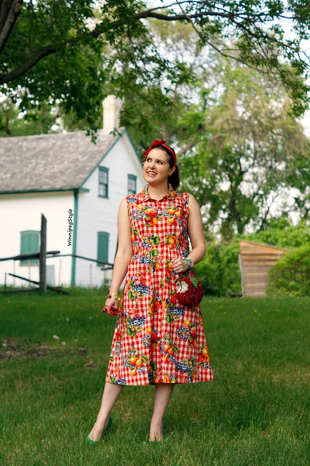 Winnipeg Style, Fashion Consultant, wardrobe stylist, Canadian fashion blog, April Cornell fruit basket porch dress, Midi length cotton dress, red gingham, Mary Frances first bite red apple beaded handbag purse clutch bag, Chie Mihara Oki green checkerboard heel pumps shoes, summer dress, country chic